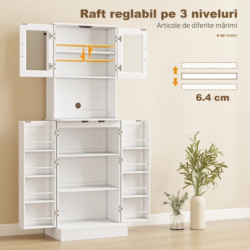 HOMCOM Bufet înalt de bucătărie 180 cm, 8 rafturi pentru condimente pe uși, uși din acril, raft reglabil, orificiu pentru cabluri, alb