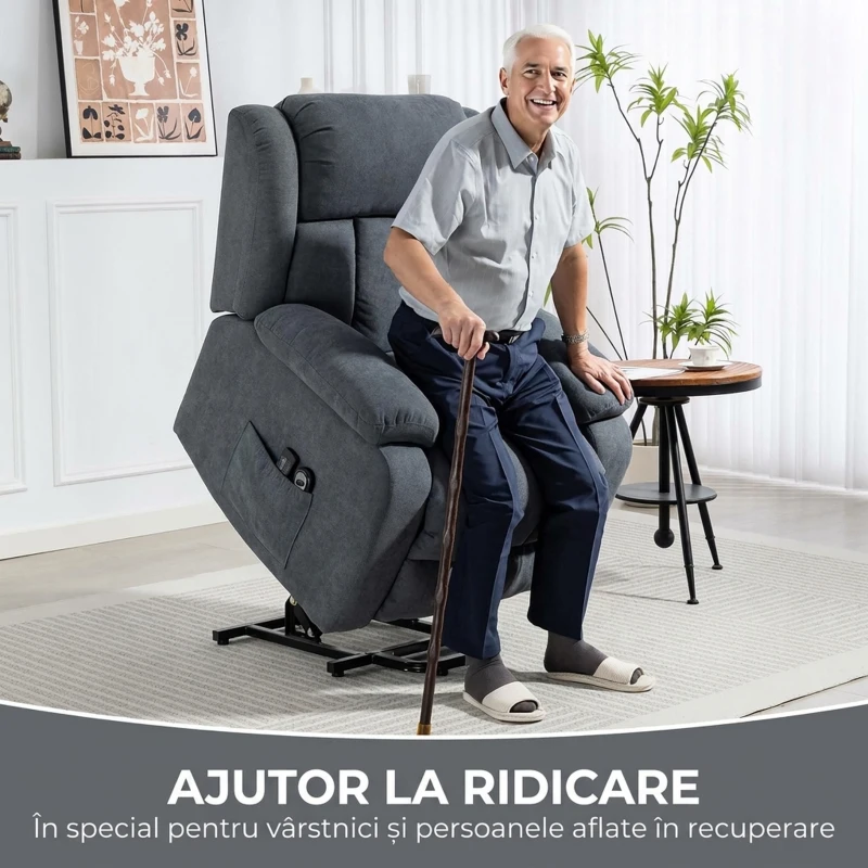 HOMCOM Fotoliu Electric cu Ridicare și Reclinare 135° în Material Textil Efect In cu Suport Picioare, Gri Închis