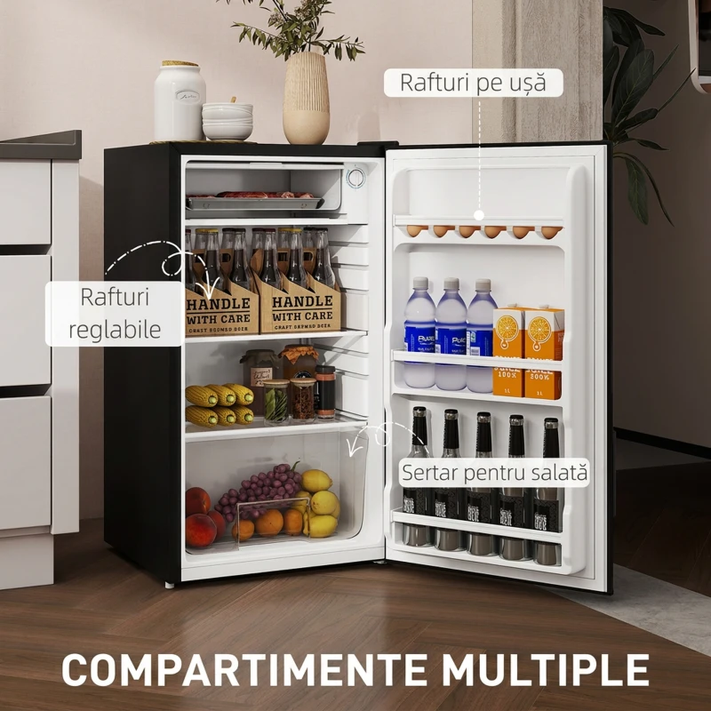 HOMCOM Mini Frigider 91L MonoPortă Reversibil cu Congelator și Temperatură Reglabilă, Negru