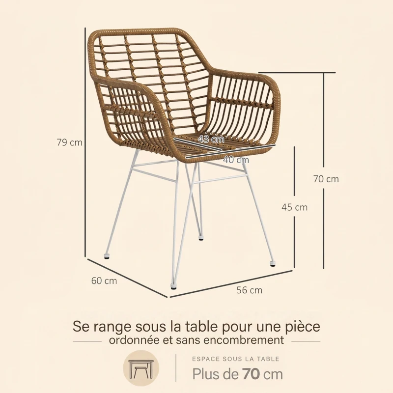 HOMCOM Lot de 2 chaises fauteuils de salle à mager design bohème assise en résine tressée piètement en acier blanc
