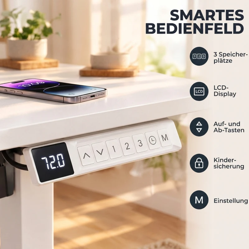 HOMCOM Elektrischer Stehschreibtisch höhenverstellbar mit LCD-Display, Kabeldurchführungen & Haken, Weiß