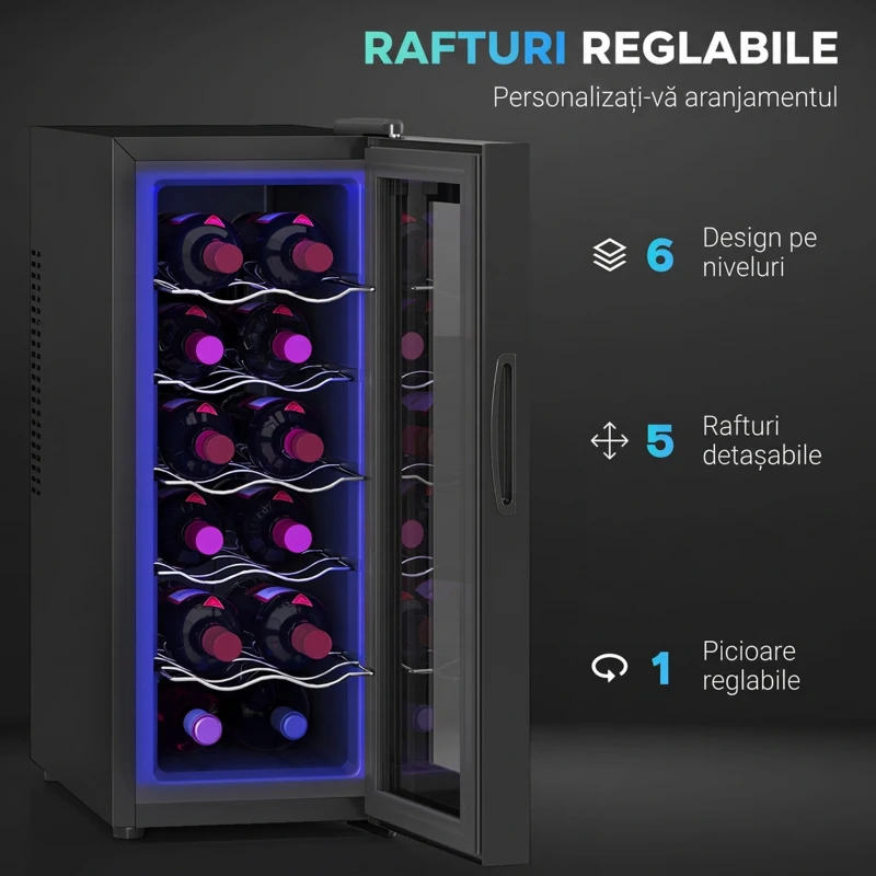 HOMCOM Frigider pentru 12 sticle cu Control Dublu al Temperaturii, Rafturi Reglabile și Iluminare, Negru