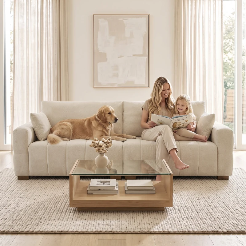 HOMCOM 3-Sitzer Sofa mit bodentiefen Armlehnen gepolsterte Wohnzimmercouch Holzbeine Cremeweiß