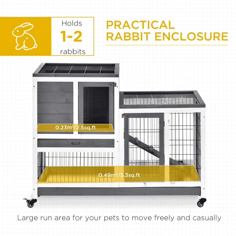 PawHut Wooden Indoor Rabbit Hutch Guinea Pig House Bunny Small Animal Cage W/ Wheels Enclosed Run 110 x 50 x 88 cm, Grey