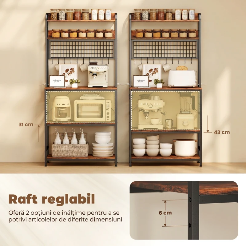 HOMCOM Raft de Bucătărie cu Stație de Alimentare și Rafturi Reglabile, Raft pentru Cuptor cu Microunde 5 Nivele cu Panou de Grilaj și 10 Cârlige, Dulap Vintage Structură din Oțel, 80x40x170 cm, Maro Rustic