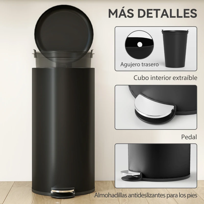HOMCOM Papelera de Cocina 30L con Pedal Tapa de Cierre Suave y Cubo Extraíble para Dormitorio Oficina Estudio Salón Negro
