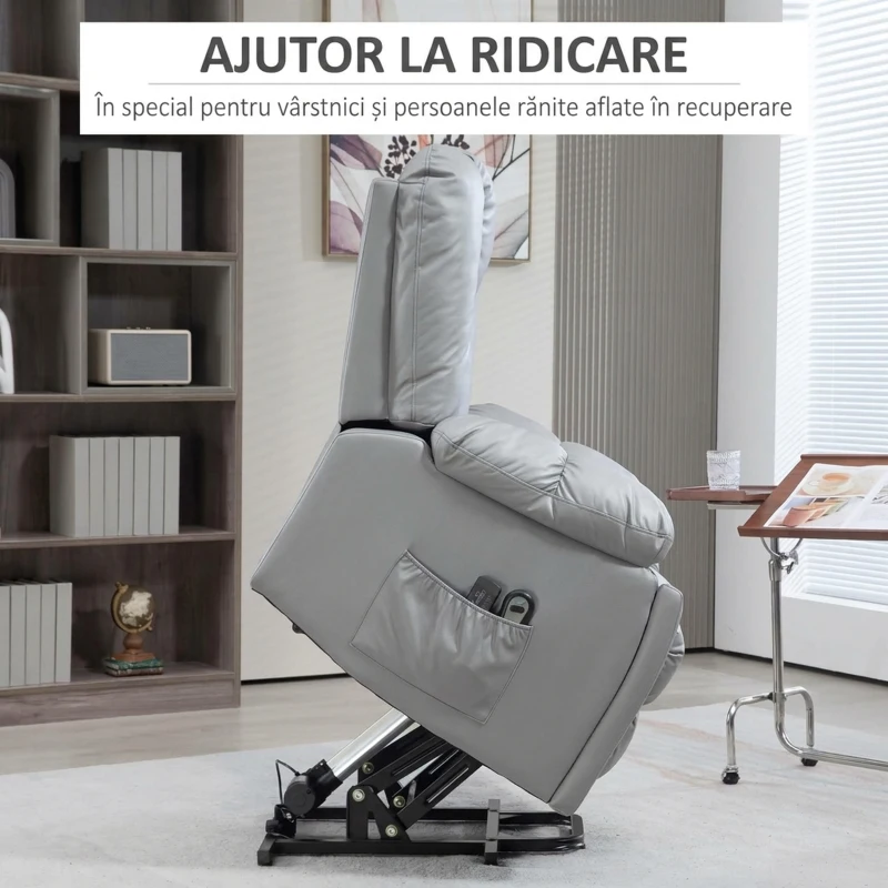 HOMCOM Fotoliu Reclinabil cu Funcție de Ridicare, 8 Puncte de Masaj și Telecomandă, din Microfibră, 94x96x106 cm, Gri