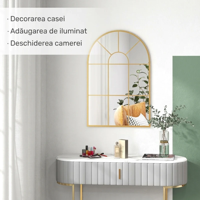 HOMCOM Oglindă de perete în formă de arc, din sticlă și metal auriu, stil modern, 91x2x60 cm