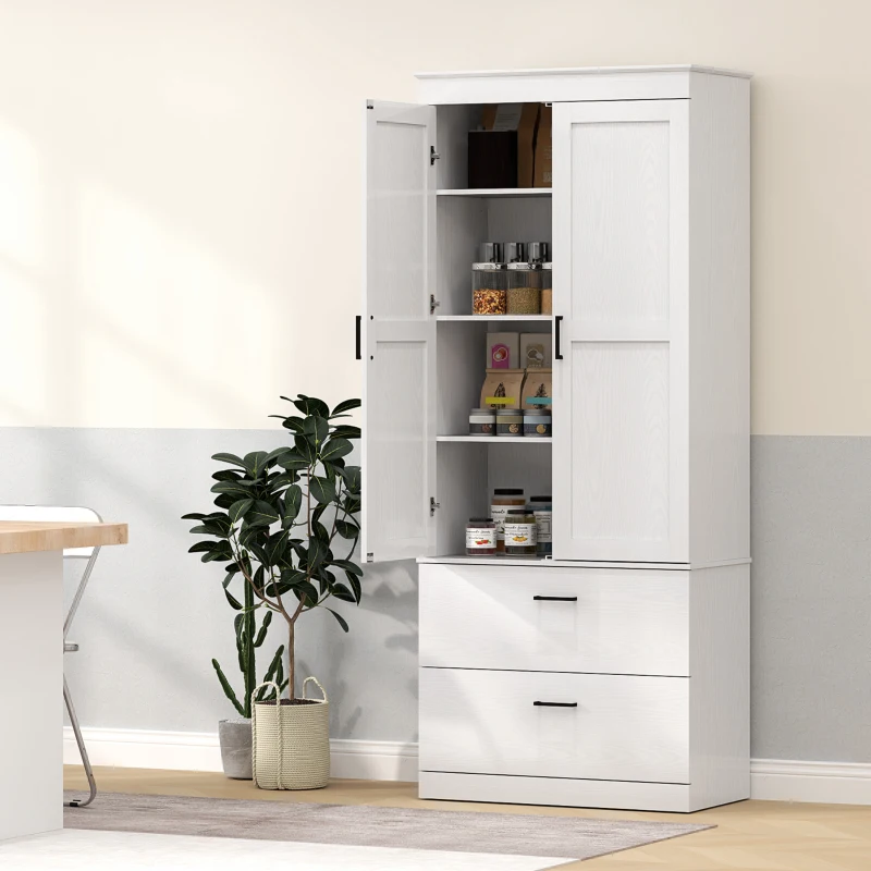 HOMCOM Bufet Înalt de Bucătărie 178 cm, Dulap Tip Cămară cu 2 Sertare și Rafturi Reglabile, pentru Dining și Living, 75x39x178 cm, Crem