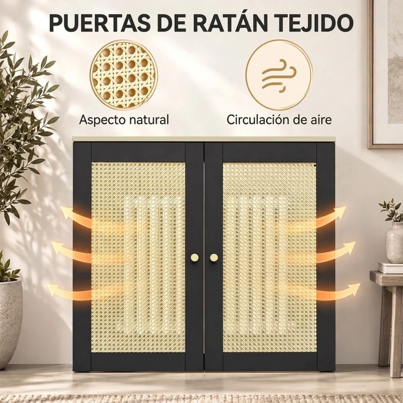 HOMCOM Cubre Radiadores con 2 Puertas de Ratán Cubreradiador Cubierta para Radiador para Salón Dormitorio 78x19x75 cm Negro