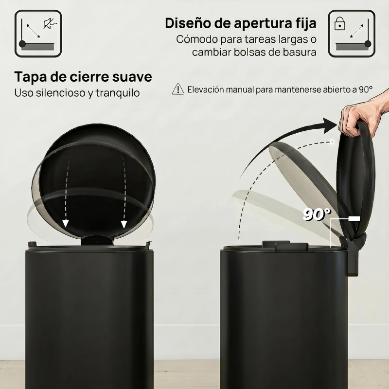 HOMCOM Papelera de Cocina 30L con Pedal Tapa de Cierre Suave y Cubo Extraíble para Dormitorio Oficina Estudio Salón Negro