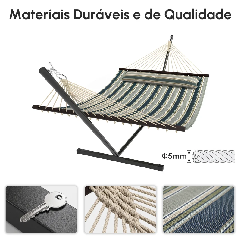 Outsunny Cama Rede com Suporte Portátil Almofada Removível Barras Estabilizadoras Exterior 353x94x115 cm Verde