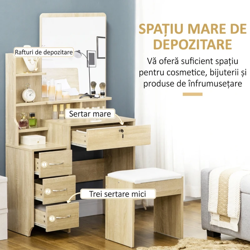 HOMCOM Masă de machiaj cu oglindă, masă de toaletă, scaun, 4 sertare și 4 rafturi, culoare lemn