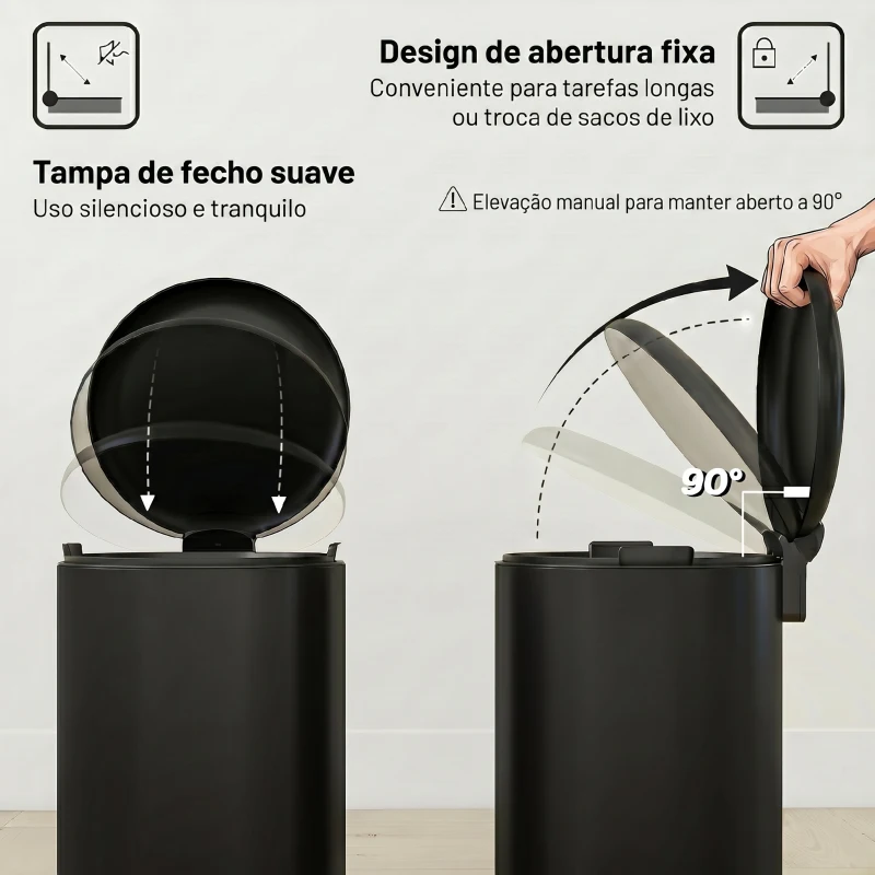 HOMCOM Caixote do Lixo de Cozinha 30L com Pedal, Tampa de Fecho Suave e Balde Interior Removível, Preto