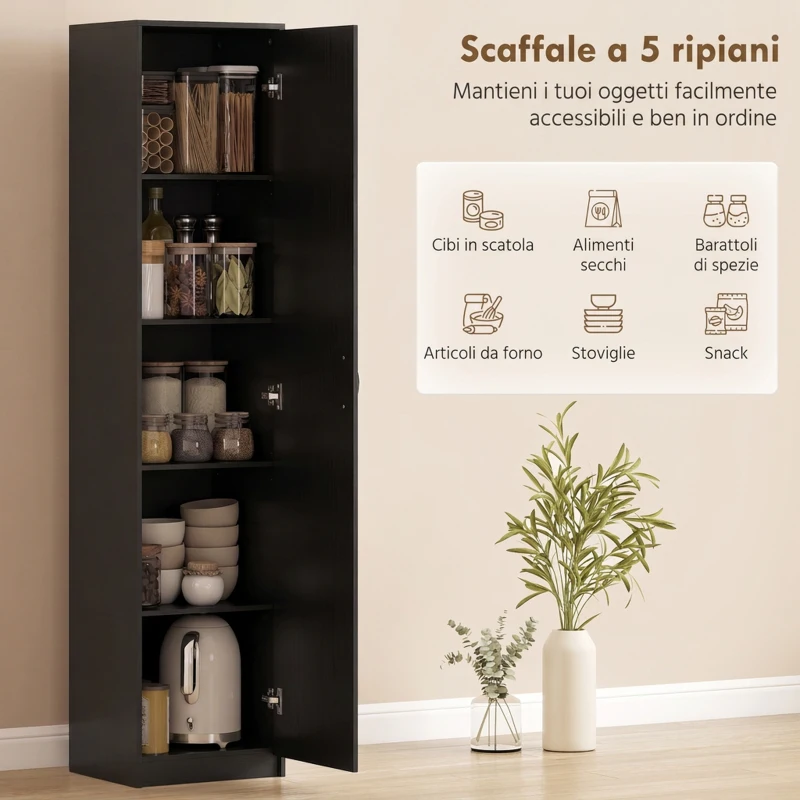 HOMCOM Armadio da Cucina Slim a 5 Ripiani con Spazio Interno Regolabile, in Legno, 40x35x180 cm, Nero