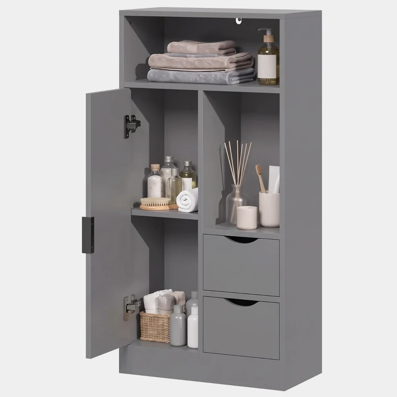 HOMCOM Mobilier pentru baie, dulap de depozitare îngust cu 2 sertare, compartimente deschise, 50x25x100cm, gri