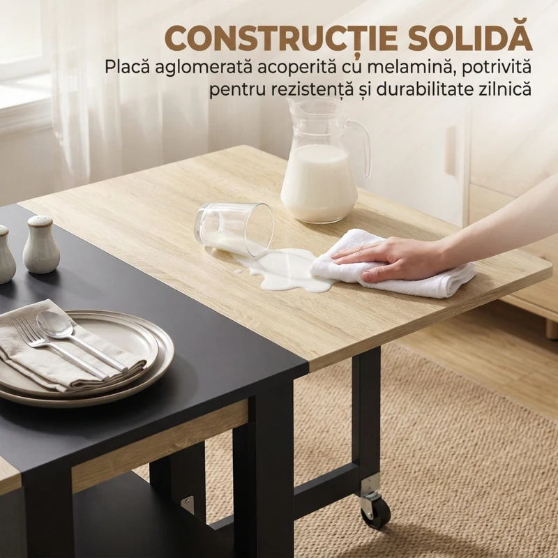 HOMCOM Masă pliabilă compactă cu roți, 2-4 locuri, stejar și negru