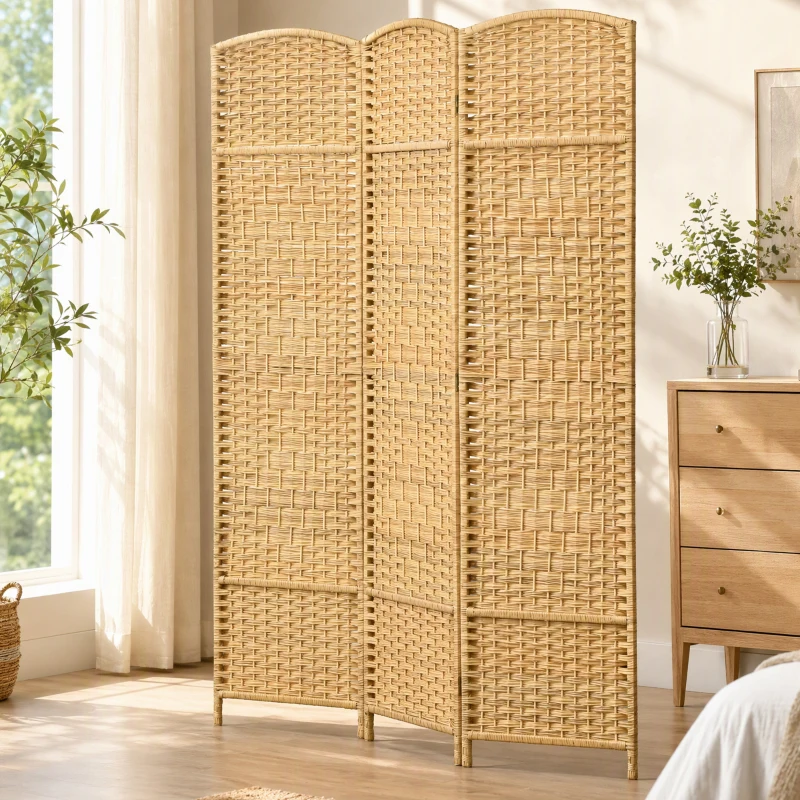 HOMCOM Biombo Dobrável de 3 Painéis Divisor de Ambientes 135x180 cm Ecrã de Privacidade de Polipropileno Madeira