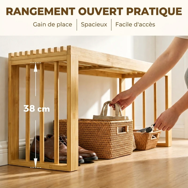 HOMCOM Banc à Chaussures en Bambou, Banc d'Entrée Sans Dossier, Assise en Bois Ajourée, 90 x 33 x 43 cm, Bois Naturel