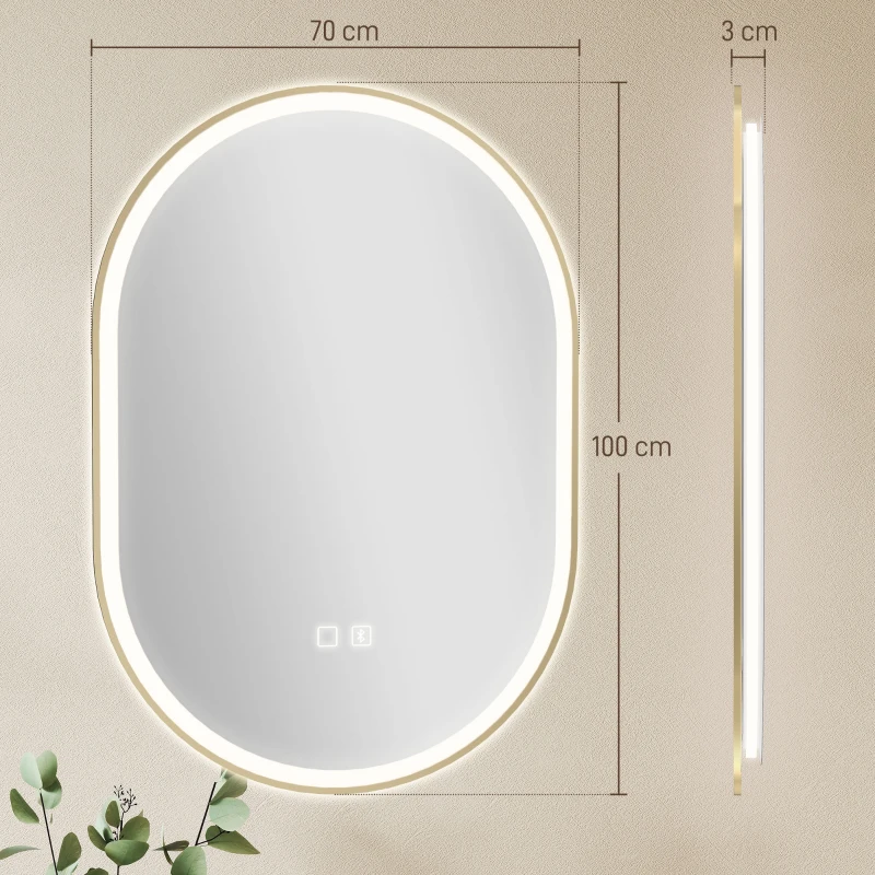 HOMCOM Espelho de Casa de Banho com LED Altifalante Bluetooth e Antiembaciamento 100x70 cm 3 Tons de Luz Brilho Regulável