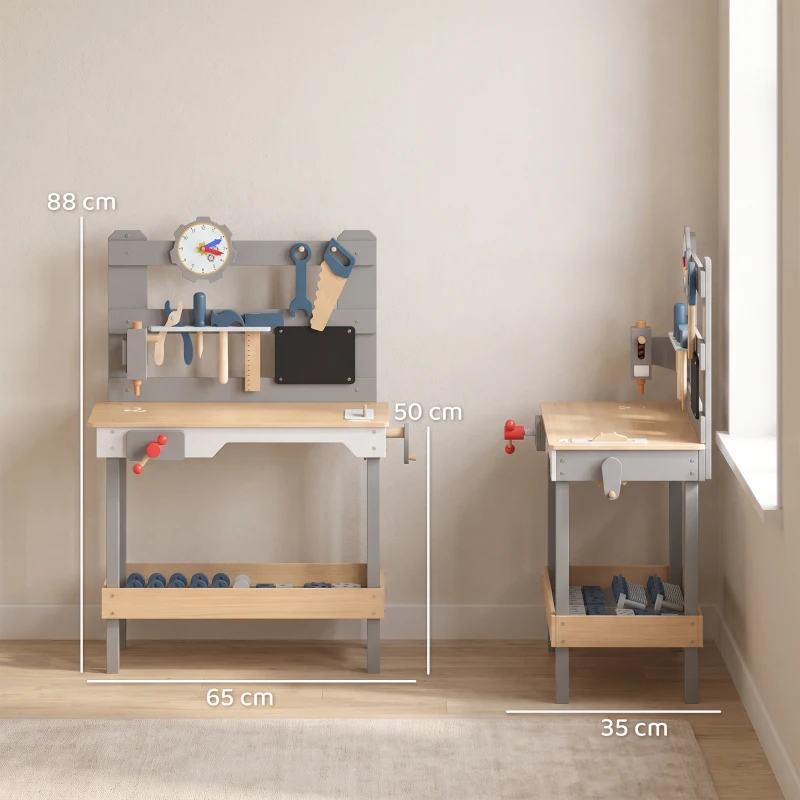 AIYAPLAY Banco de Herramientas para Niños de Madera con Pizarra 15 Accesorios Reloj con Agujas Móviles Estante 3-6 años Gris