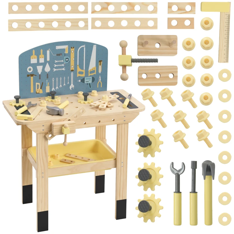 AIYAPLAY Établi en Bois pour Enfants avec 28 Accessoires, Boîte de Rangement, Établi d'Imitation dès 3 à 8 Ans, Naturel