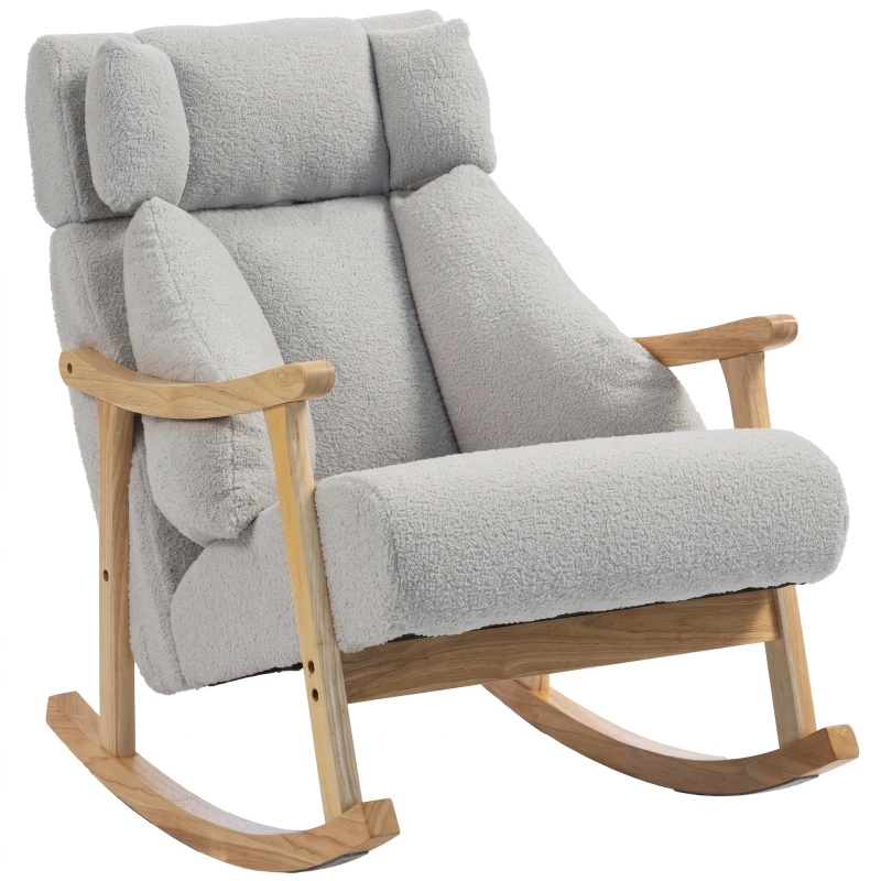 HOMCOM Fauteuil à bascule rembourré en bouclé avec appuie-tête réglable et pieds en bois 65x98x88 cm Gris clair