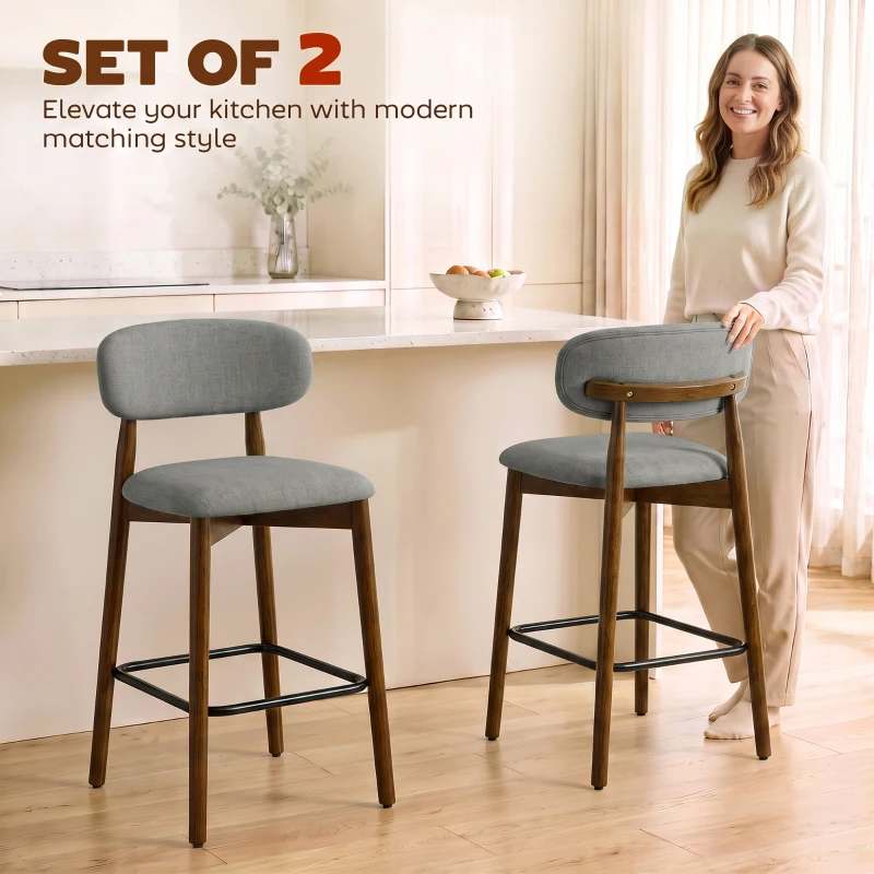 HOMCOM Bar Stools Curved Open Back Padded Seat Footrest Set of 2 for Kitchen Grey