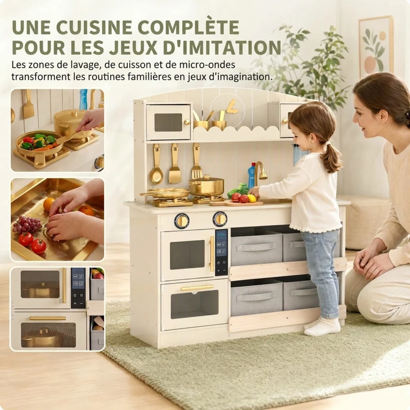 AIYAPLAY Cuisine Enfant, Cuisine en Bois Enfant Dinette, Effet Lumières et Sons, 4 Bacs en Tissu, 12 Accessoires, 3-6 Ans, Crème