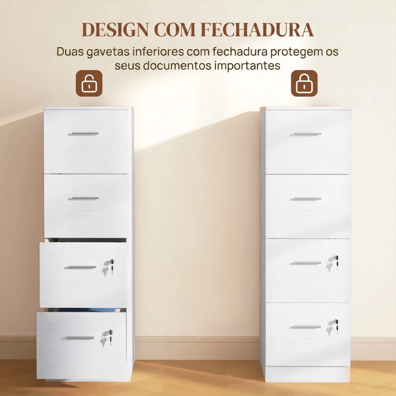 HOMCOM Gaveteiro de Escritório com 4 Gavetas Fechadura e Suportes Ajustáveis para Documentos A4 e Letter Branco 40x42x130,8 cm Branco