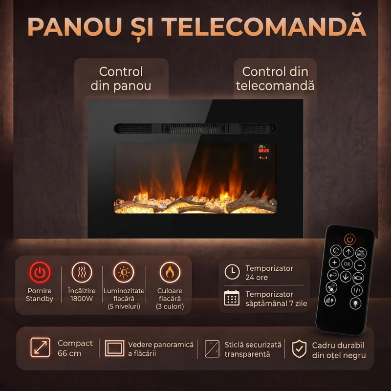 HOMCOM Șemineu Electric de 60 cm, Încastrat sau de Perete, 1800 W, Temporizator 24 de Ore, Flacără Reglabilă, Cristale
