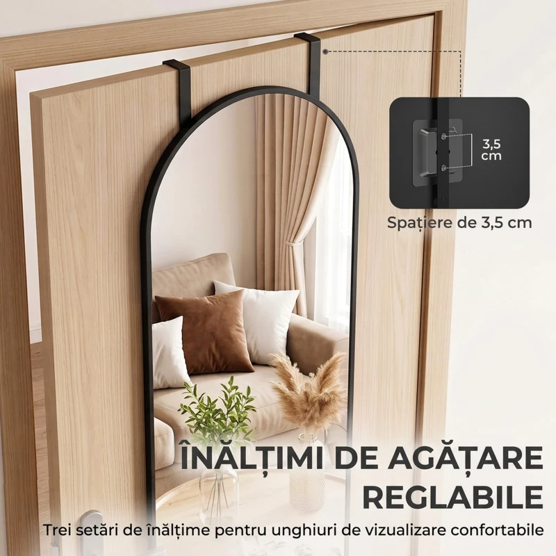 HOMCOM Oglindă de Perete Arcuită 110x40 cm, Ramă din Aluminiu, Cârlige, Design Modern, Negru