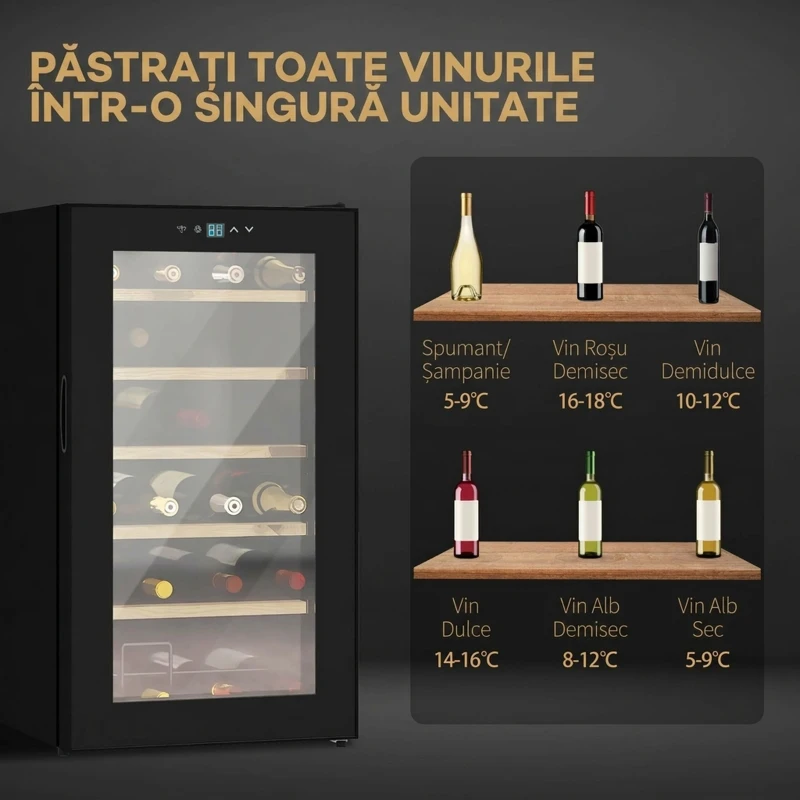 HOMCOM Frigider pentru Vin pentru 24 de Sticle, Capacitate 65L, Control al Temperaturii și Rafturi Detasabile, Negru