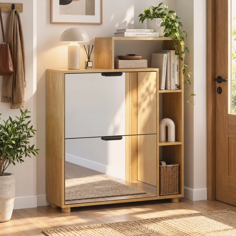 HOMCOM Schuhschrank 10 Paar, Schuhschrank, Spiegeltür, 2 Klappfächer und offene Fächer, Eiche