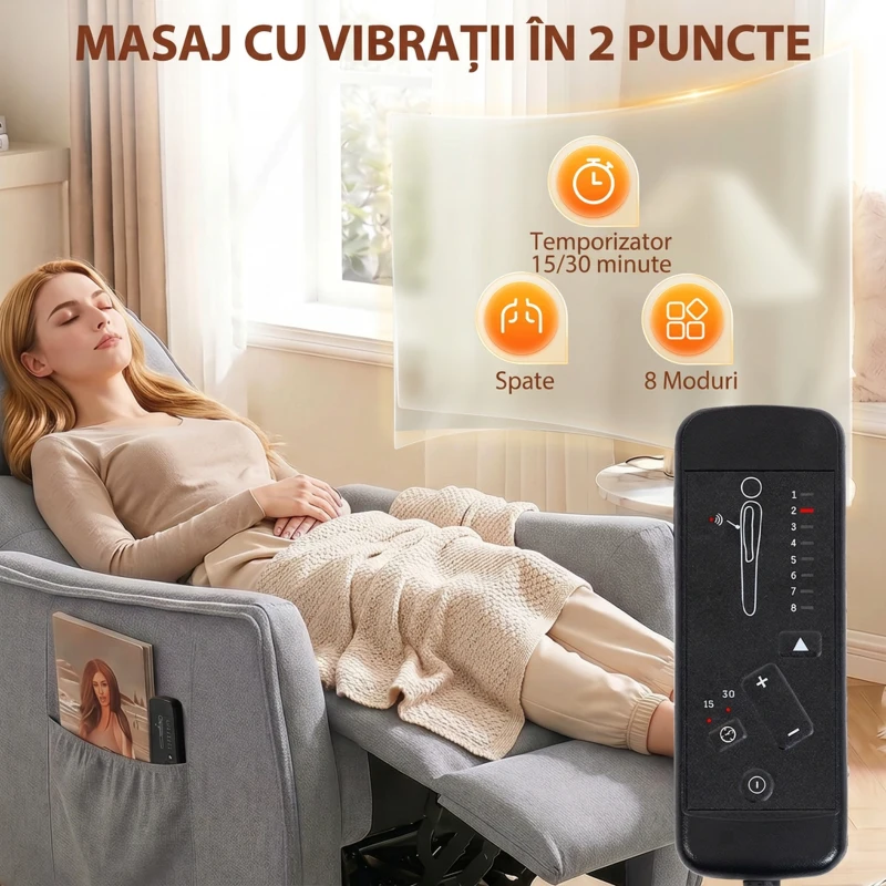 HOMCOM Fotoliu Masaj Reclinabil Manual 160° Chenille cu Suport pentru Picioare, Telecomandă și Buzunare, Gri Deschis