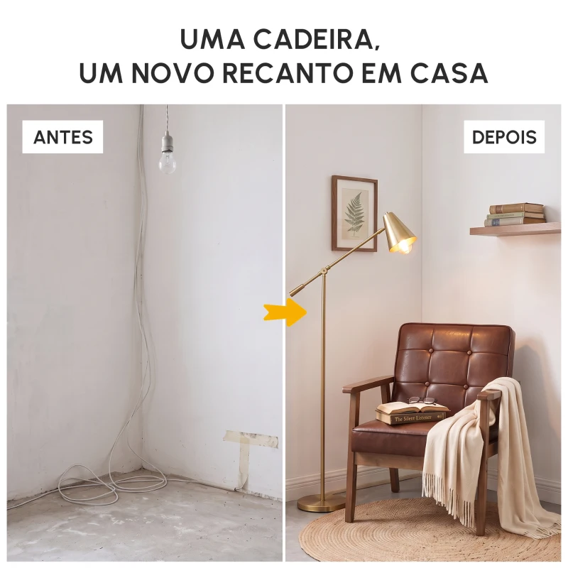HOMCOM Poltrona Sala de Estar Estofada em PU com Apoio para os Braços e Estrutura de Madeira de Borracha 64x66x80 cm Marrom