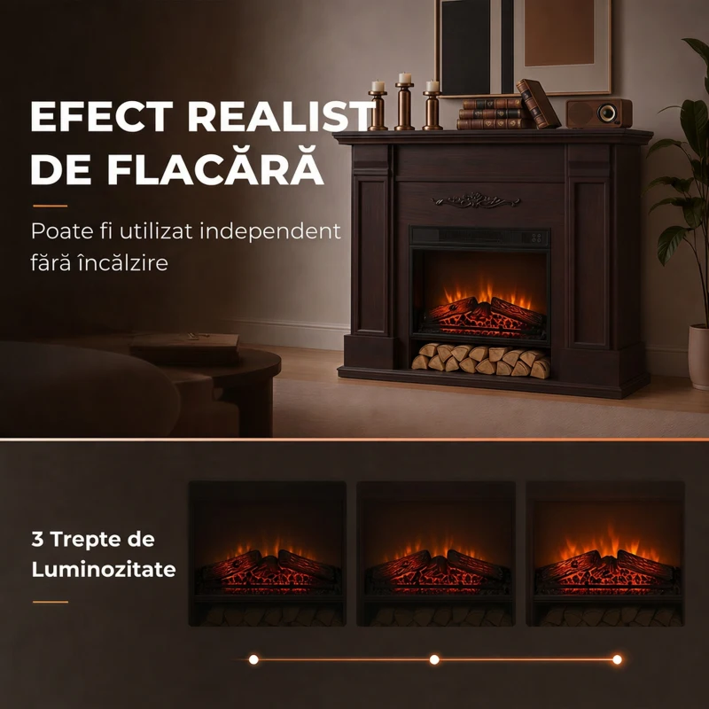 HOMCOM Șemineu electric de podea/încastrabil, 1800 W, cu ramă, raft pentru TV de până la 55", efect de flacără 3D și timer, maro