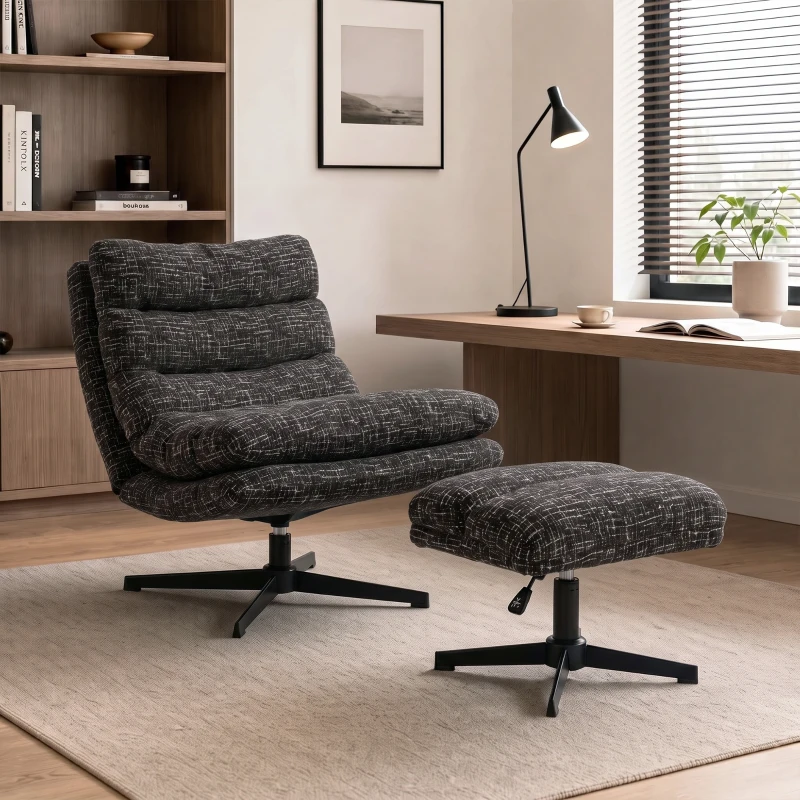 HOMCOM Sessel mit höhenverstellbarem Fußhocker 360° drehbarer Chenille-Lesesessel Breiter Sitz Dicke Polsterung Grau