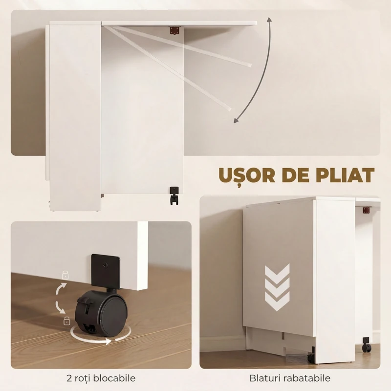 HomCom masa pliabila din lemn, cu roti, 75x140x74cm, alba | Aosom Ro
