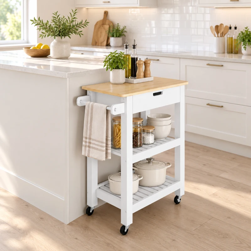 HOMCOM Kitchen Trolley Utility Cart on Wheels with Rubberwood Worktop, Towel Rack, Storage Shelves & Drawer for Dining Room