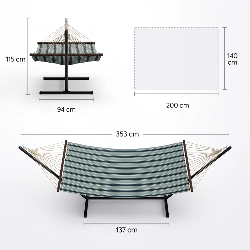 Outsunny Cama Rede com Suporte Portátil Almofada Removível Barras Estabilizadoras Exterior 353x94x115 cm Verde
