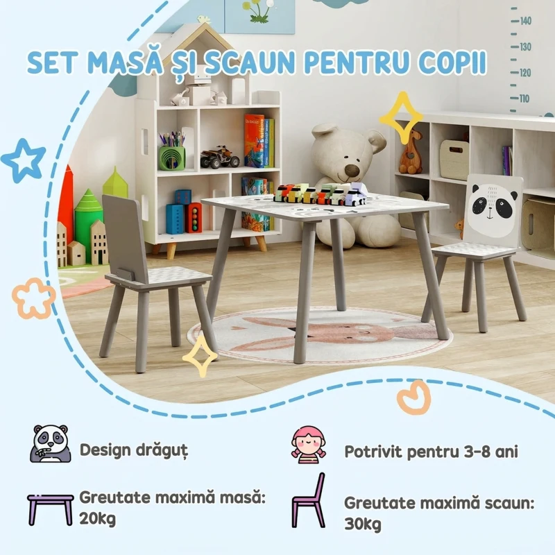 ZONEKIZ Set masă și 2 scaune pentru copii de 3-8 ani din MDF și lemn de pin, gri
