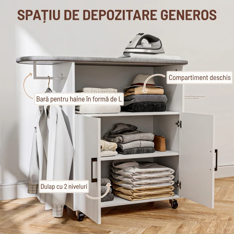 HOMCOM Dulap Mobil pentru Călcat cu 2 Uși și Spațiu Deschis, 125x43.5x102.5 cm, Alb