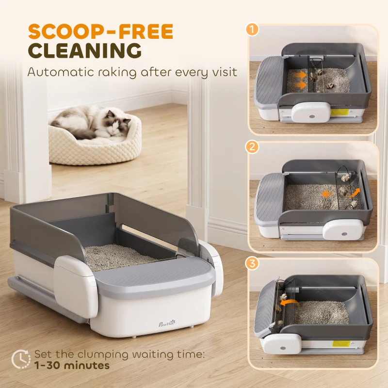 PawHut Self Cleaning Cat Litter Tray, Open-Top Automatic Litter Box with APP Control, Clumping Rake, 10L Waste Bin