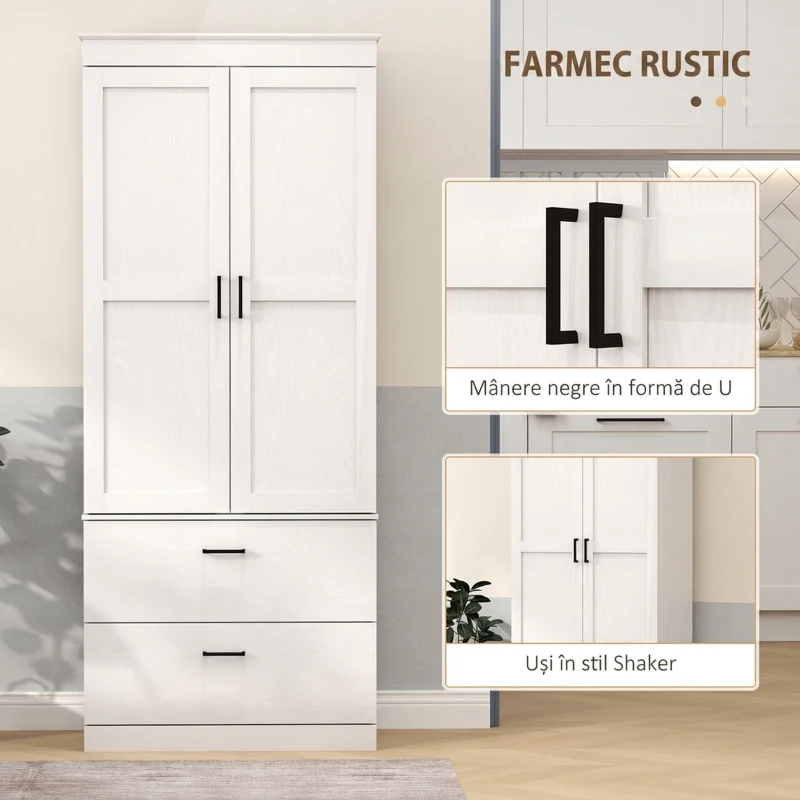 HOMCOM Bufet Înalt de Bucătărie 178 cm, Dulap Tip Cămară cu 2 Sertare și Rafturi Reglabile, pentru Dining și Living, 75x39x178 cm, Crem