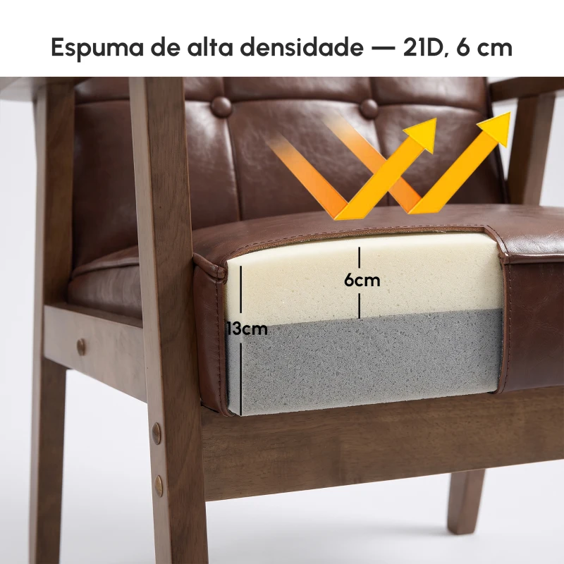 HOMCOM Poltrona Sala de Estar Estofada em PU com Apoio para os Braços e Estrutura de Madeira de Borracha 64x66x80 cm Marrom