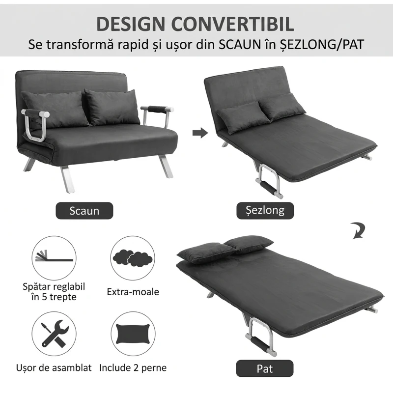 HOMCOM Canapea Pat 2 Locuri din Imitatie de Piele și Oțel cu Spătar Reglabil în 5 Poziții, 105x80x78 cm, Gri(m-4)