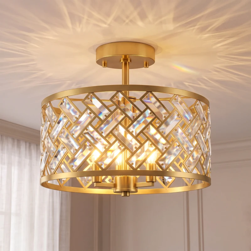 HOMCOM Plafonnier en Cristal Moderne Rond, Lustre Plafonnier avec Abat-jour, 3 Ampoules E14, Ø 39 x 34 cm, Doré