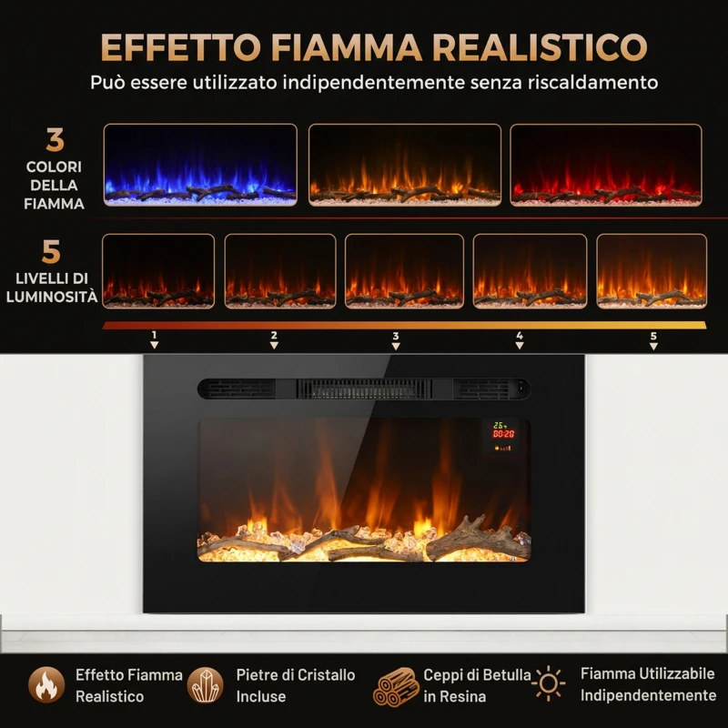 HOMCOM Caminetto Elettrico 60 cm da Incasso o Parete, 1800W, Timer, Fiamma Regolabile e Telecomando, Nero
