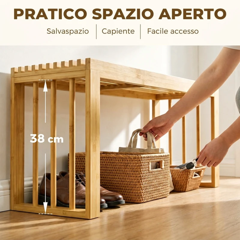 HOMCOM Panca Portascarpe in Bambù con Seduta a Doghe, 90cm, Naturale